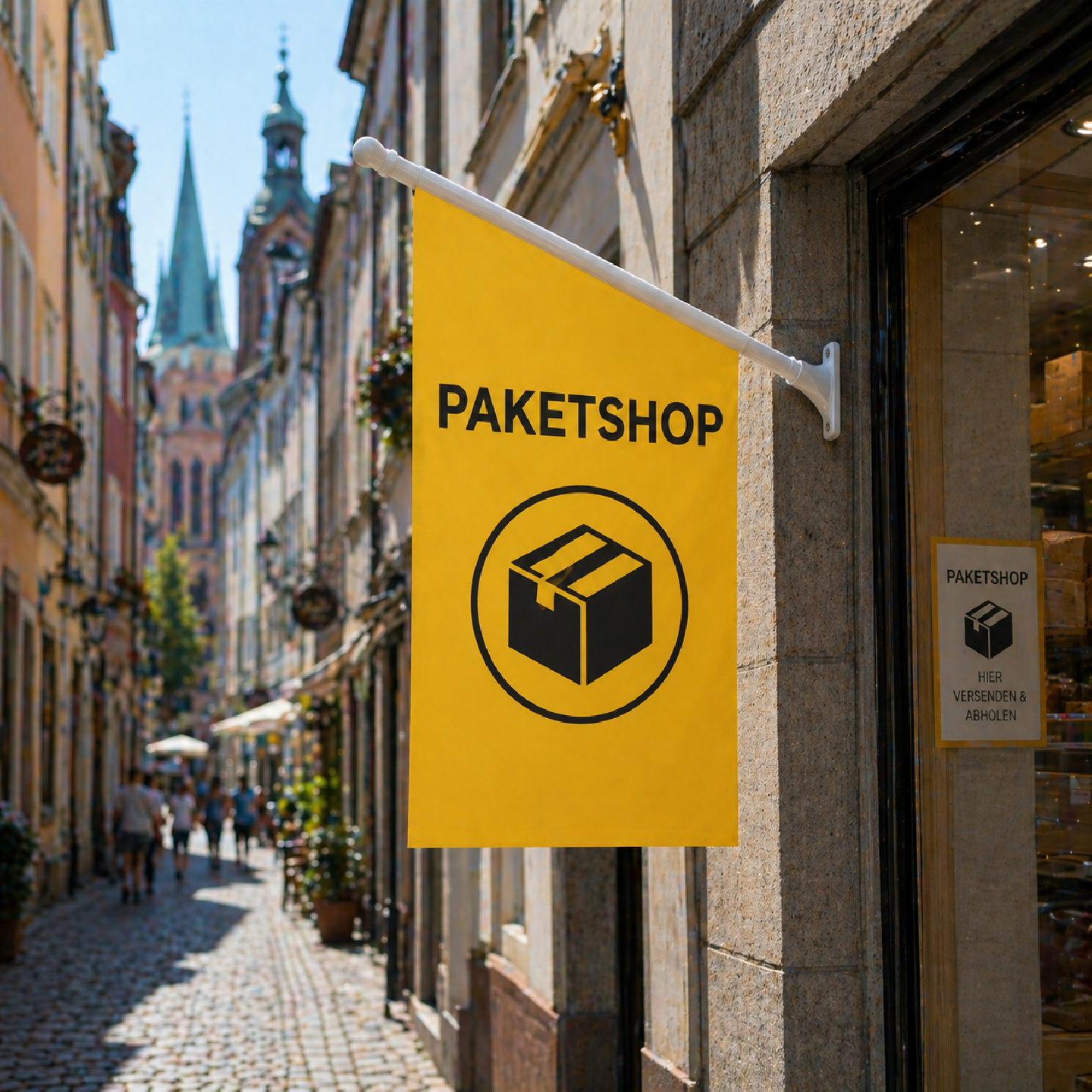 Kioskfahnen bedrucken | Individuelle Werbefahnen mit Halterung